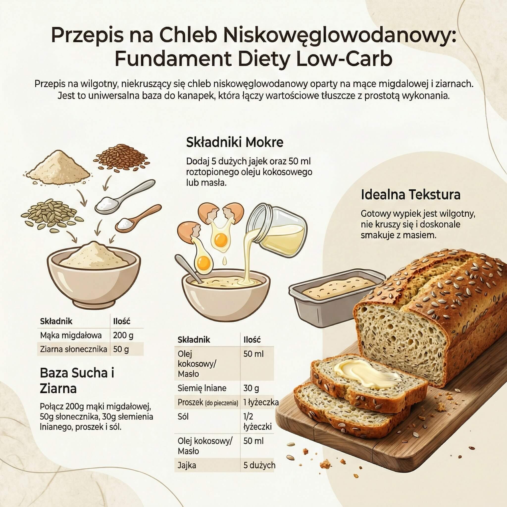 Chleb niskowęglowodanowy (Z mąki migdałowej i nasion) - przepis.